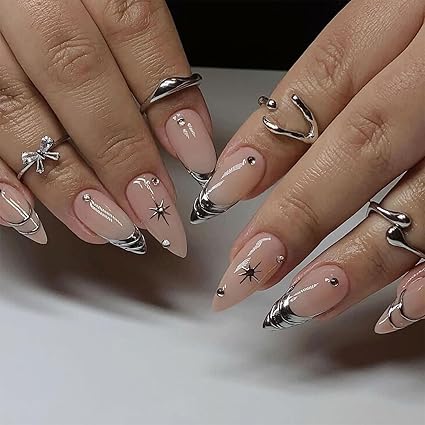 Limited time deal 14% off Silver French Tip Press on Nails Star Fake Nails - Image 2