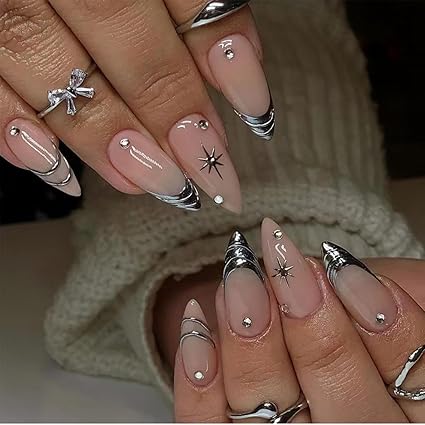 Limited time deal 14% off Silver French Tip Press on Nails Star Fake Nails